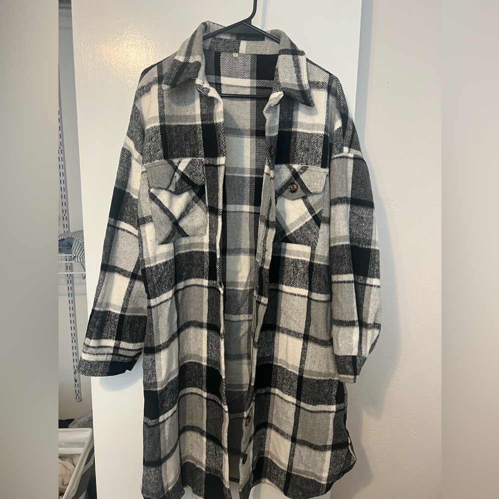 Medium Long Black and Grey Wool Blend Shacket